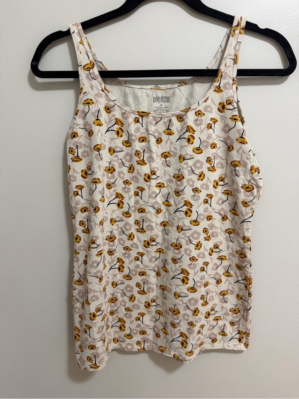 Duluth Trading Co No-Yank Thin Strap Tank Top Medium Off White Yellow Floral